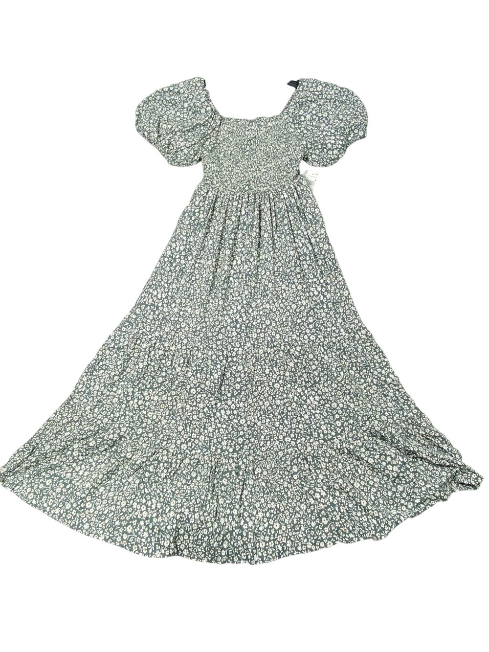 Angie Maxi Dress Women's XXS Green Floral Short Puff Sleeve Smocked Pockets NWT